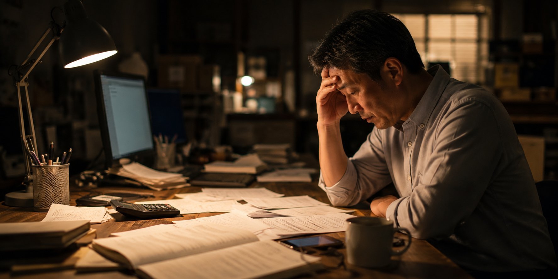 深夜のデスクで書類に追われる経営者の様子