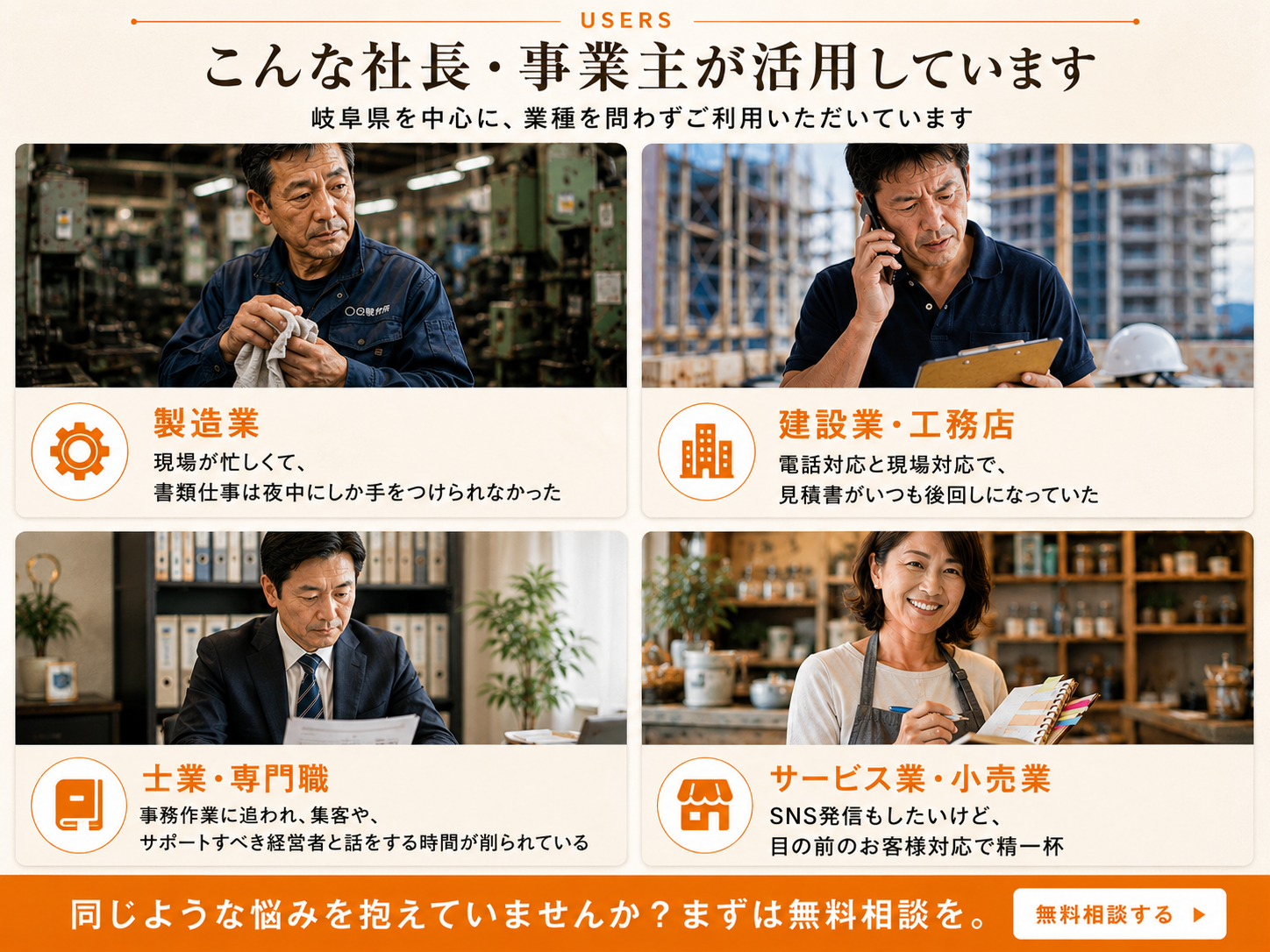 こんな社長が、活用されています。製造業、建設業・工務店、士業・専門職（税理士・行政書士・社労士など）、サービス業・小売業。西濃地区を中心に、業種を問わずご利用いただいています。